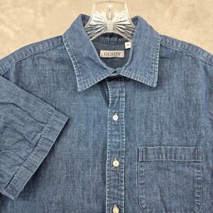 Gustin Denim Button Down Shirt Mens XL Blue Short Sleeve 100% Cotton Made in USA